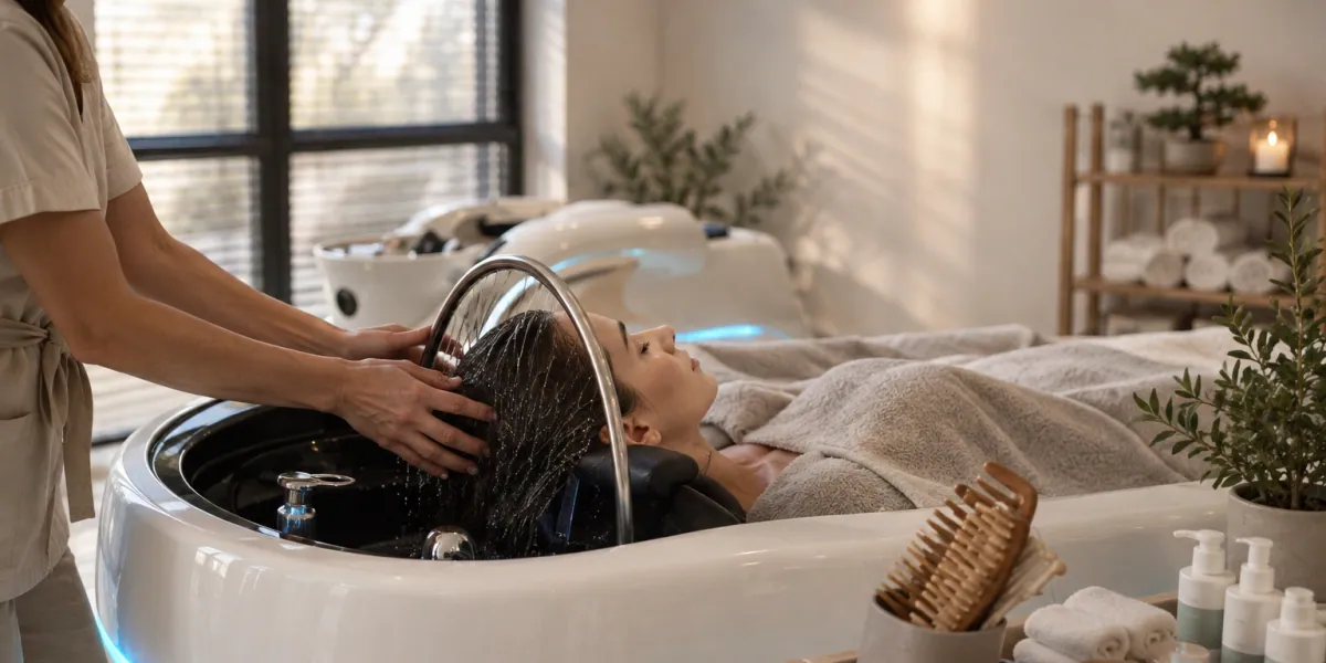 Terapevt masira lasišče med head spa 45 minut na ukrivljeni glavni postelji z modro LED lučjo