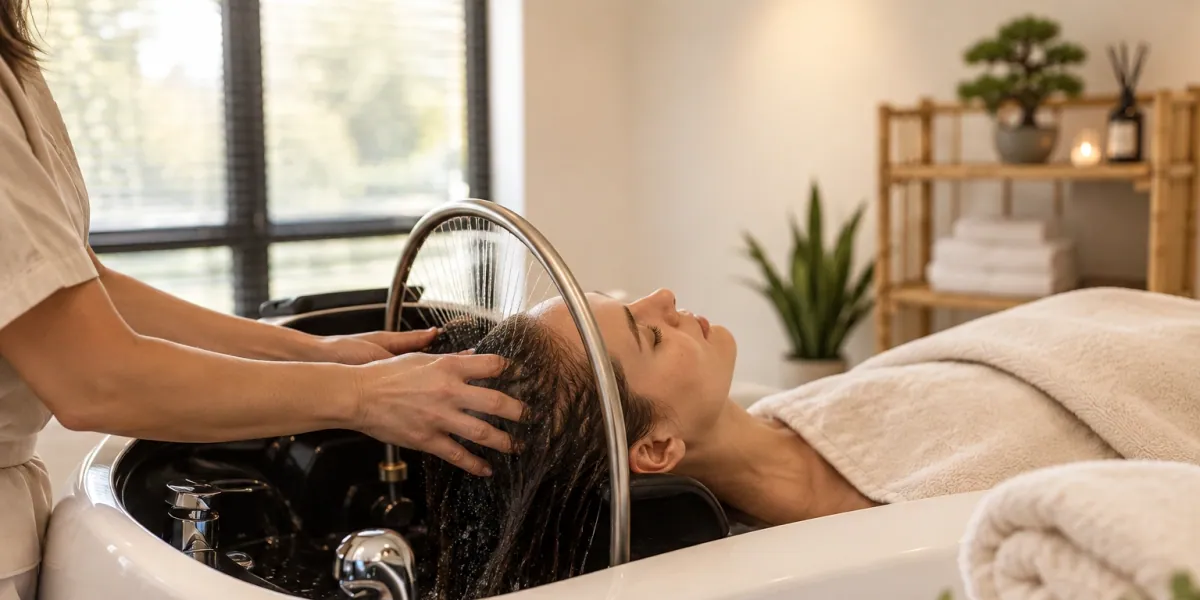 Terapevt masira lasišče klienta med head spa jesen ritualom ob topli vodi