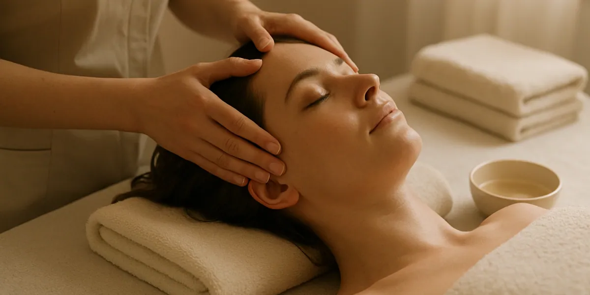 Terapevtove roke masirajo lasišče med negovalnim ritualom head spa paketa