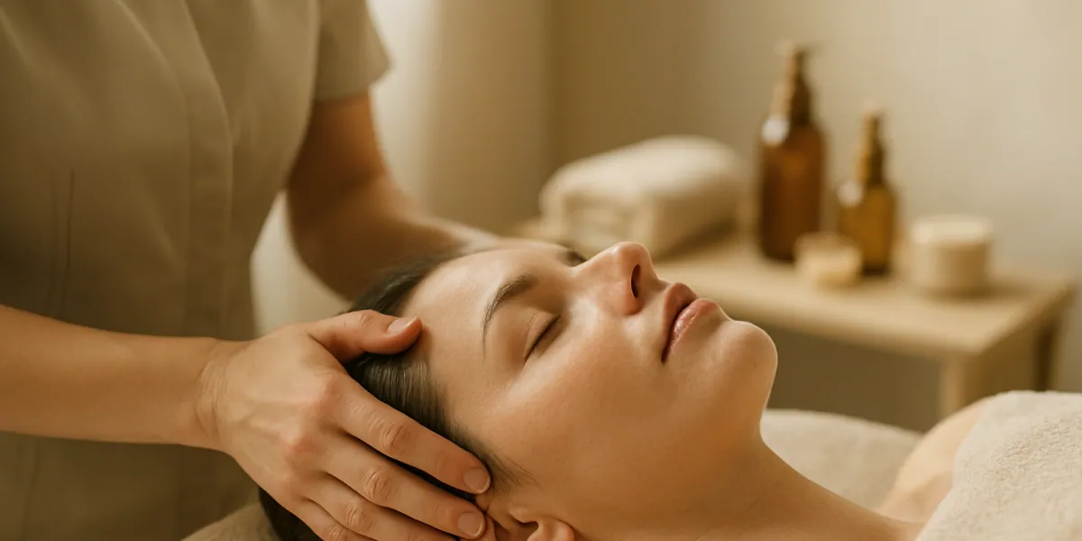 Terapevt ročno izvaja masažo vratu head spa med sproščujočim ritualom v Ljubljani