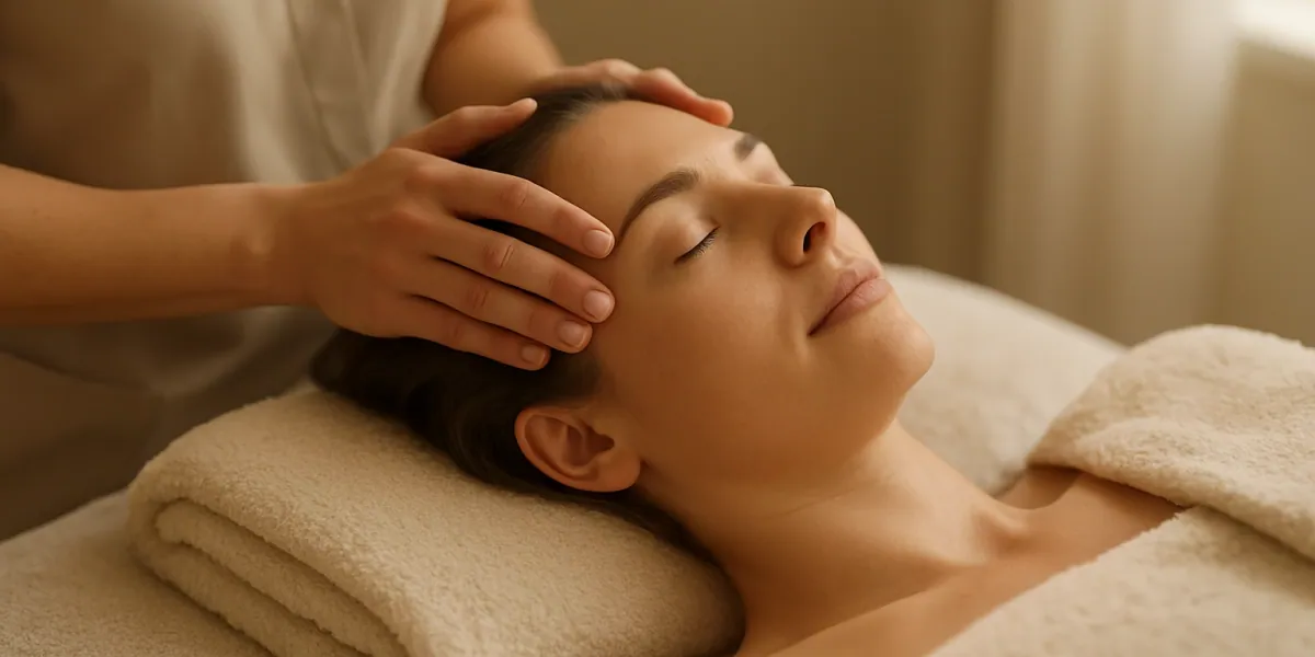 Terapevt masira lasišče med tretmajem Head Spa 4 plus 1, prikaz nežne nege lasišča