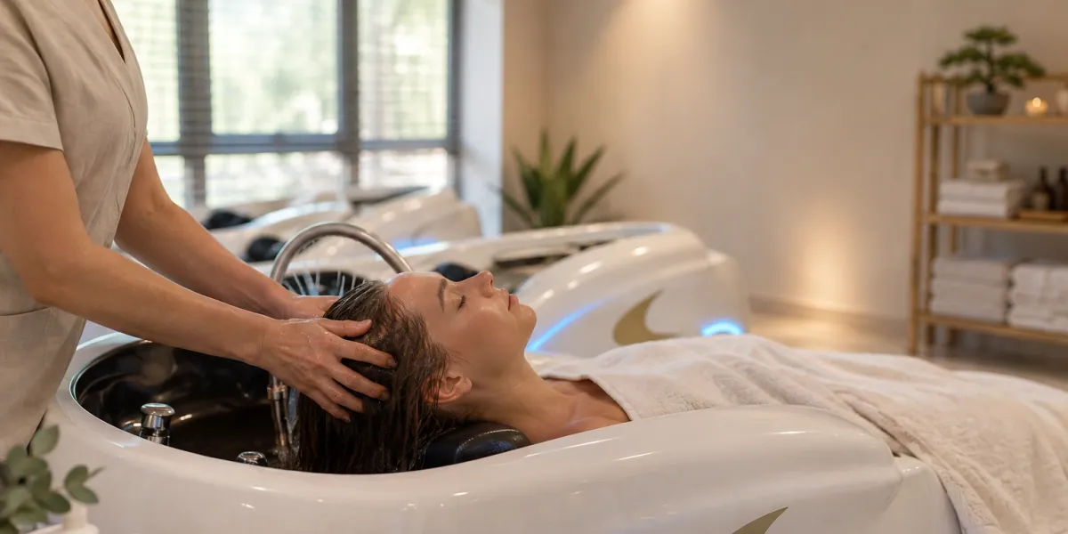 Terapevtove roke masirajo lasišče med 90-minutnim head spa ritualom na ergonomski postelji