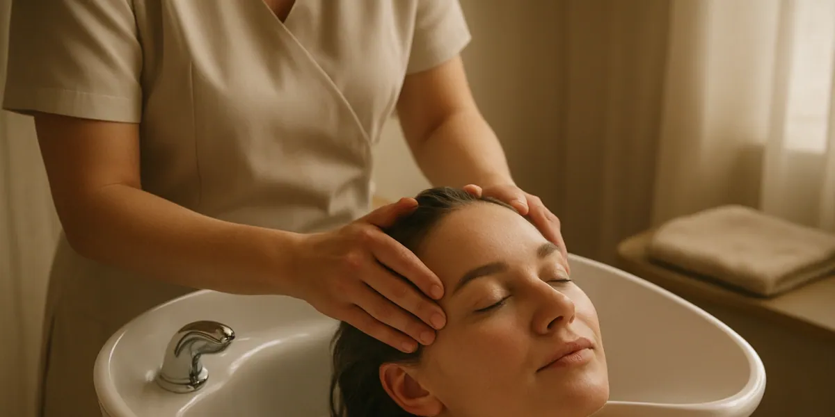 Terapevt masira lasišče klienta med head spa izkušnjo ob topli vodi