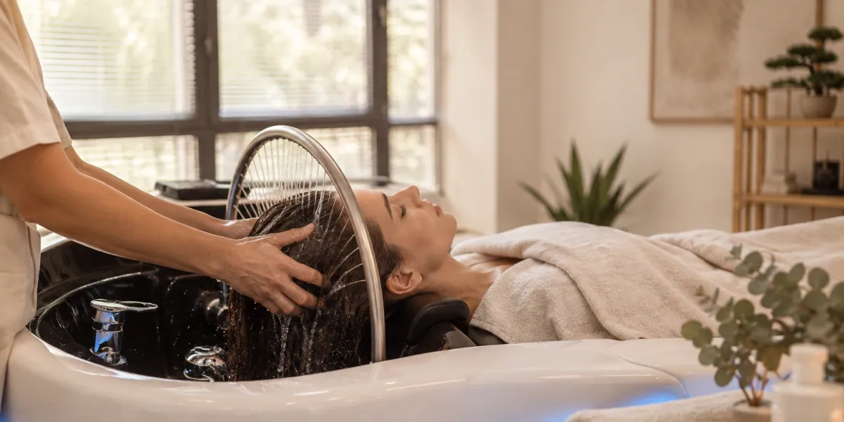 Terapevt masira lasišče na ergonomski postelji med ritualom head spa Kočevje