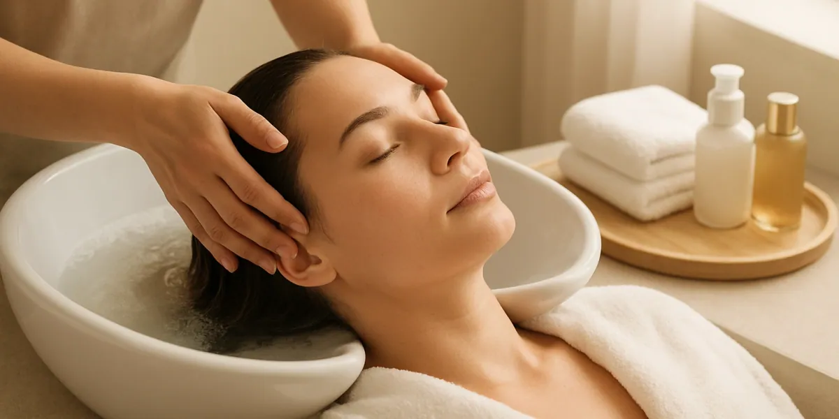 Terapevtove roke med masažo lasišča in topla voda ob ritualu Head Spa Ljubljana