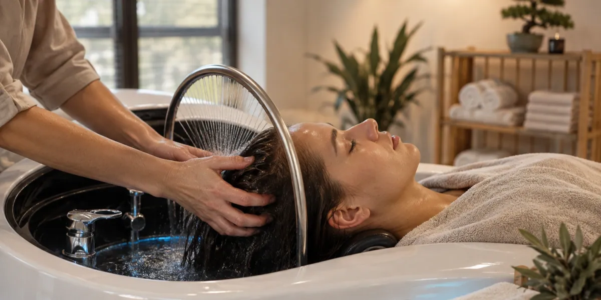 Terapevt masira mastno lasišče med japonskim head spa ritualom na ergonomski postelji