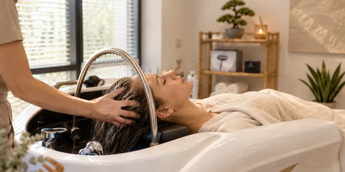 Terapevt masira lasišče med ritualom head spa po barvanju las na ergonomski postelji