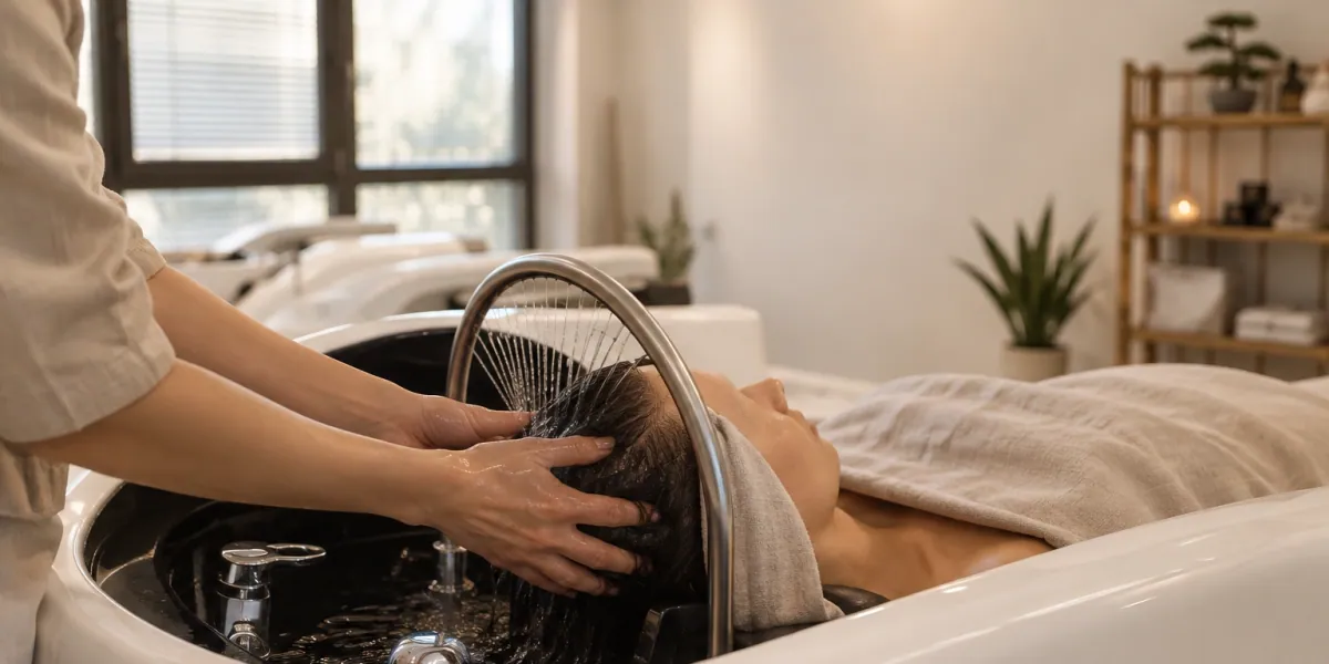 Terapevt masira lasišče stranke zavite v laneno brisačo med ritualom head spa
