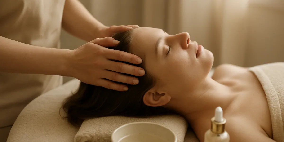 Terapevtka masira lasišče med tretmajem head spa proti izpadanju las