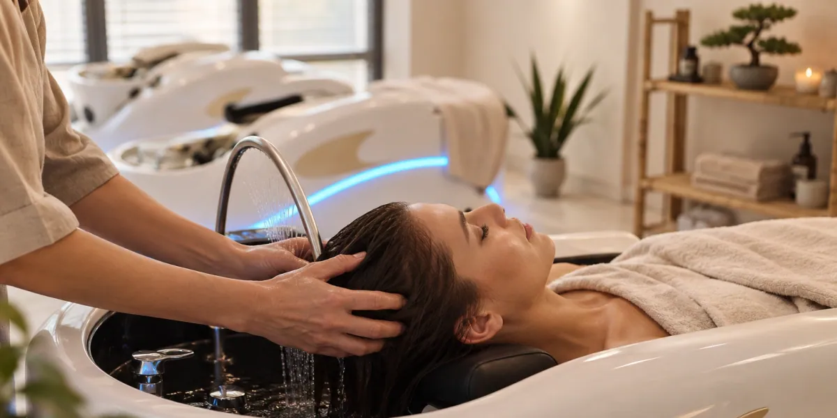 terapevt masira lasišče na ergonomski postelji za head spa stres s toplimi brisačami