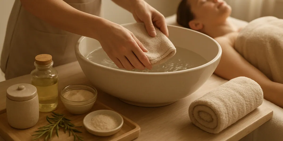 Terapevt pripravlja toplo vodo in mehke brisače za suho lasišče Head Spa Ljubljana ritual