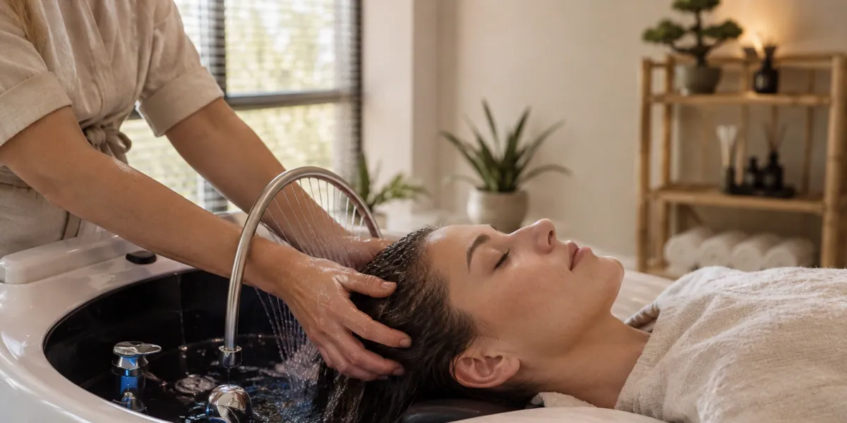 Terapevtove roke med nežno masažo lasišča in čiščenjem las v ritualu head spa