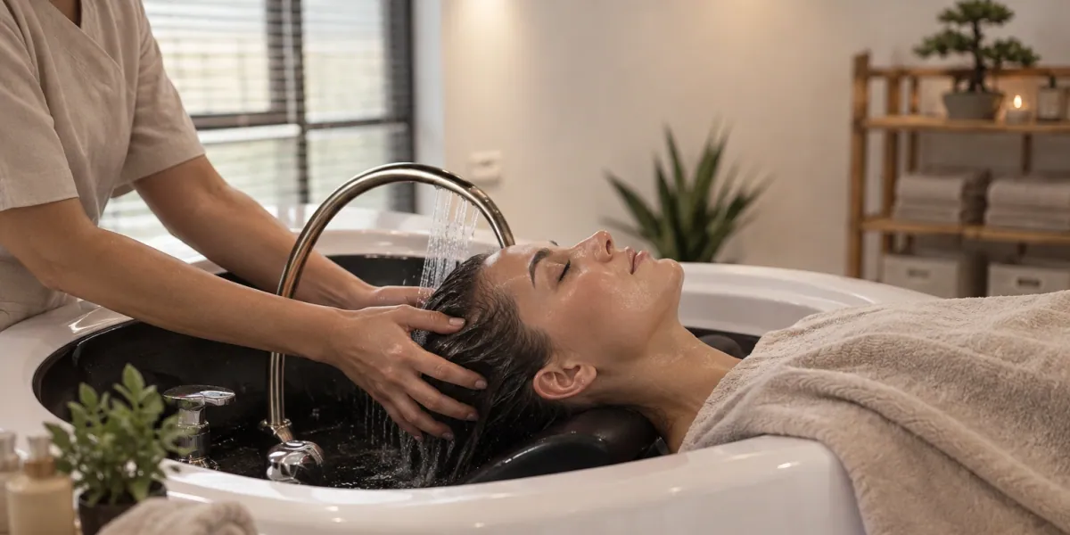 Terapevt masaža lasišča med ritualom head spa za dva ob topli vodi in lanenih brisačah