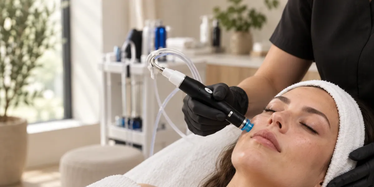 Terapevt drži napravo za Hydro Facial, ki nežno drsi po obrazu stranke v Novem mestu.