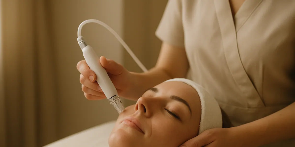 Terapevt uporablja Hydro Facial napravo na obrazu stranke v mirnem estetiki