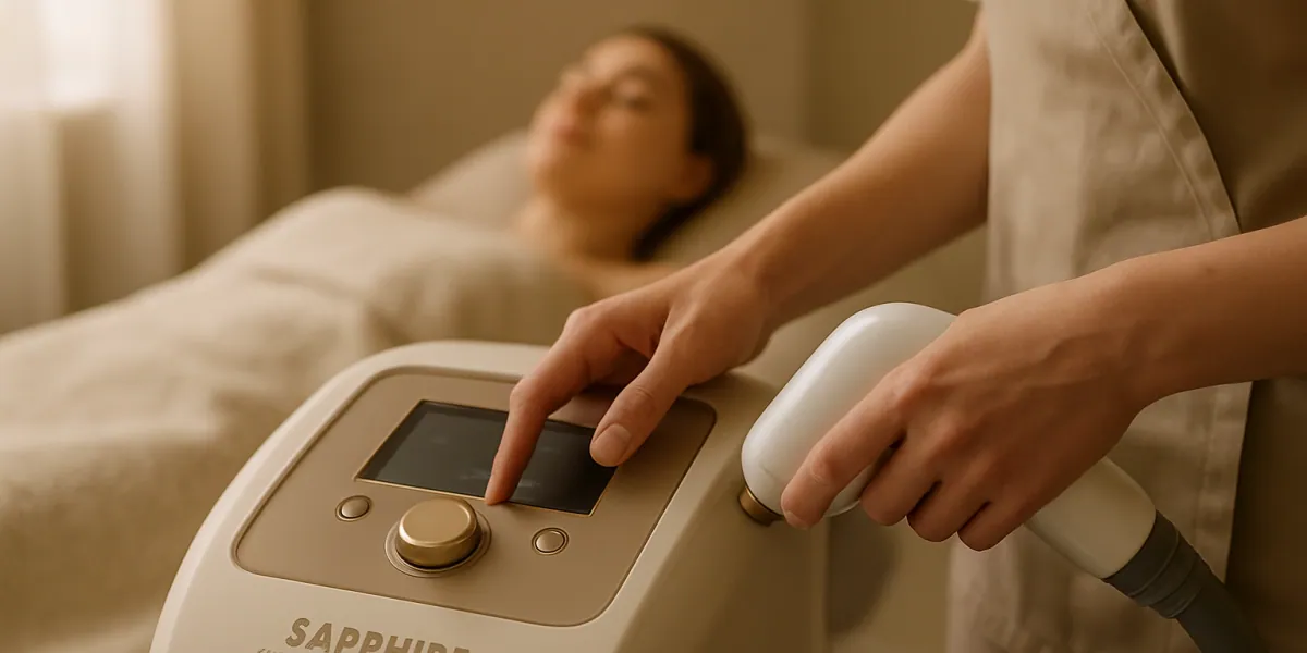 Terapevt nastavlja diodni laser s safirnim hlajenjem v estetskem salonu
