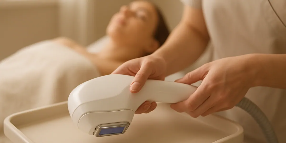 Terapevt pripravlja ročnik diode laser za laser epilacijo Kamnik v mirnem okolju