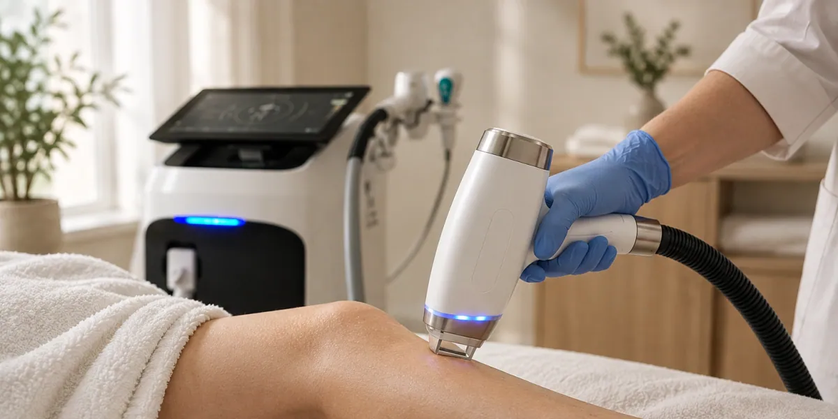 Terapevt drži ročnik diode laserja za lasersko odstranjevanje dlak ob klientovi roki