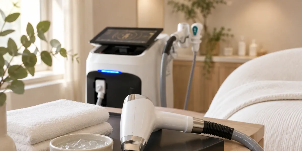 Pripomočki za britje med laserskimi tretmaji na črni pladnju z belimi brisačami