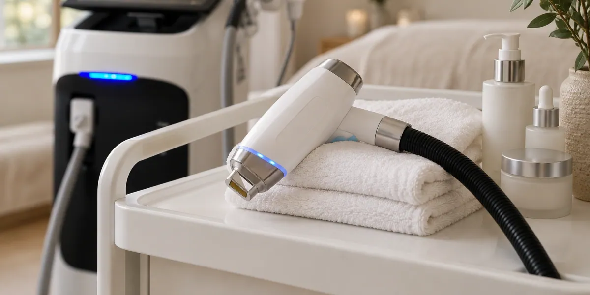 Ročaj diodnega laserja ob belih brisačah za pripravo na laser pred dopustom.