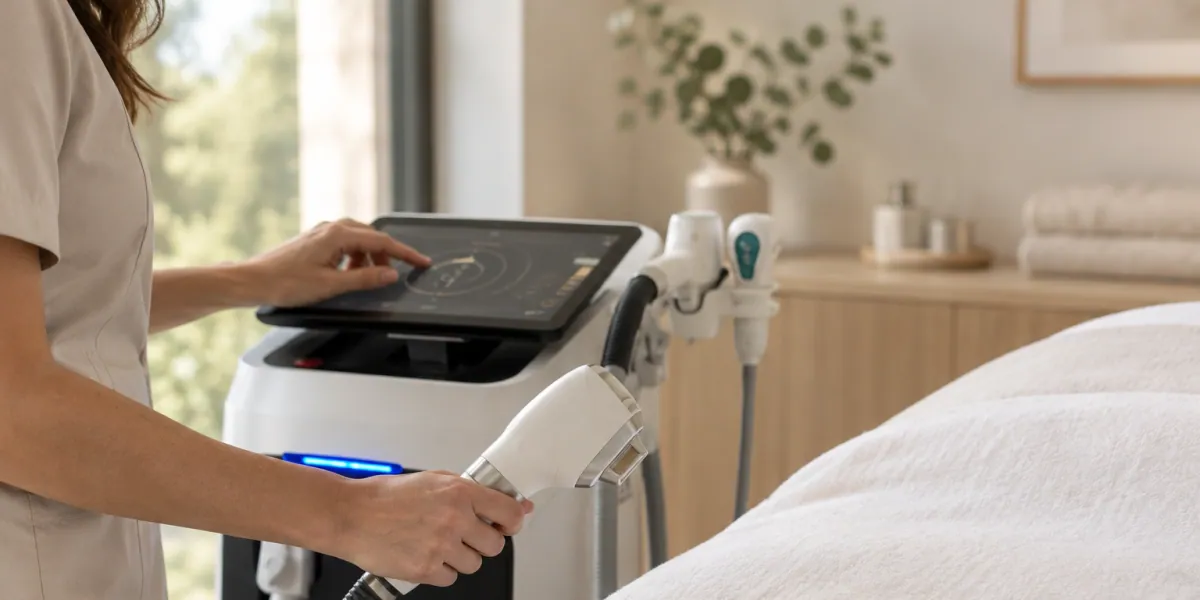 Terapevt pripravlja laser za lasersko odstranjevanje z natančnim nastavljanjem naprave