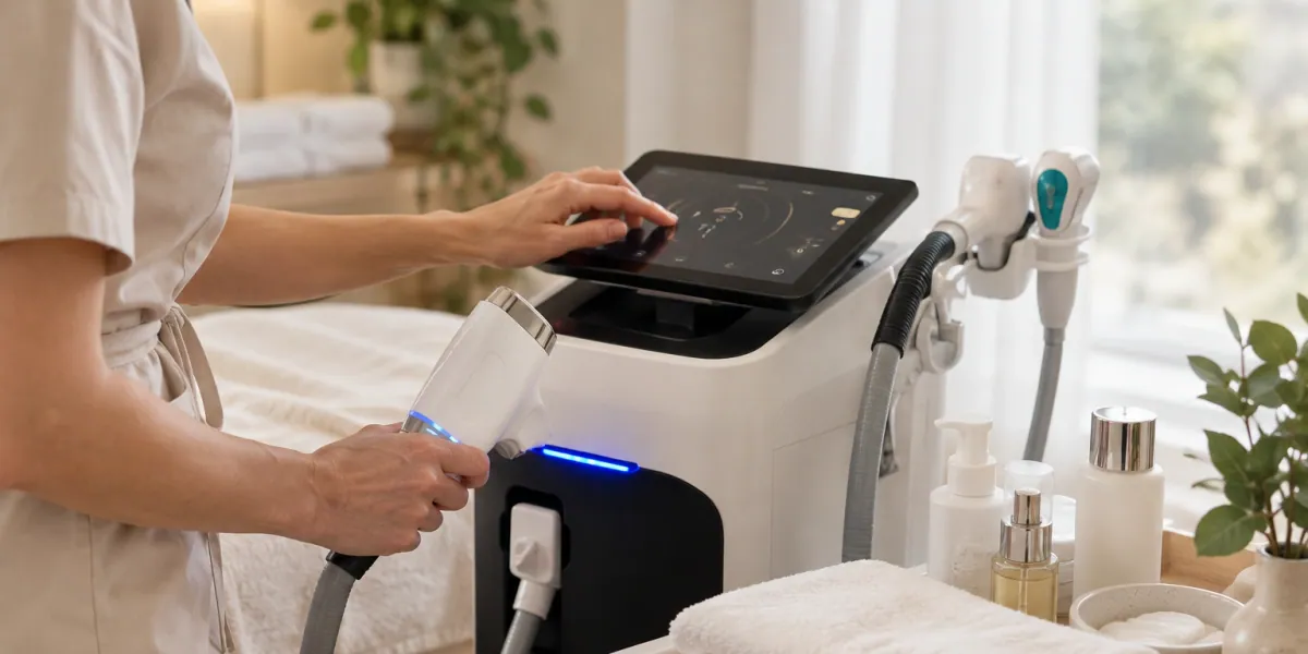 Terapevt pripravlja diodni laser za odstranjevanje dlak, zbrani pripomočki v studiu